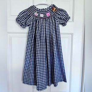 Girls smocked bishop dress in Gingham blue